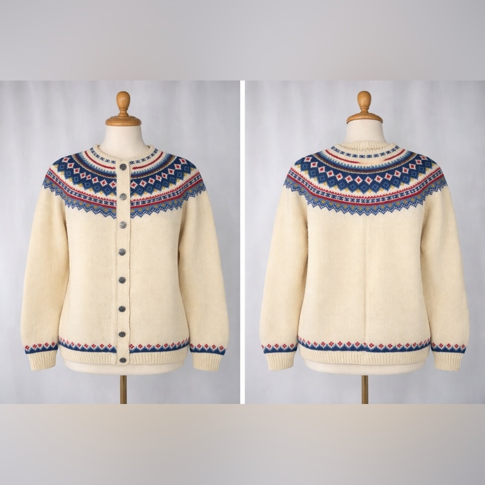 Handmade Norway 100% wool Nordic Fair Isle Cardigan button Sweater vintage